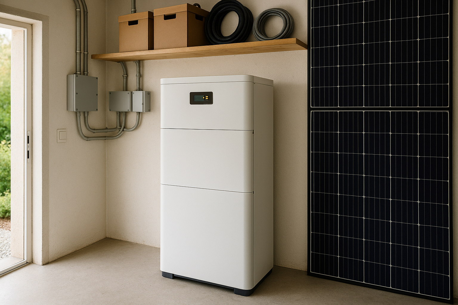 Haus mit PV-Anlage und Stromspeicher im Technikraum