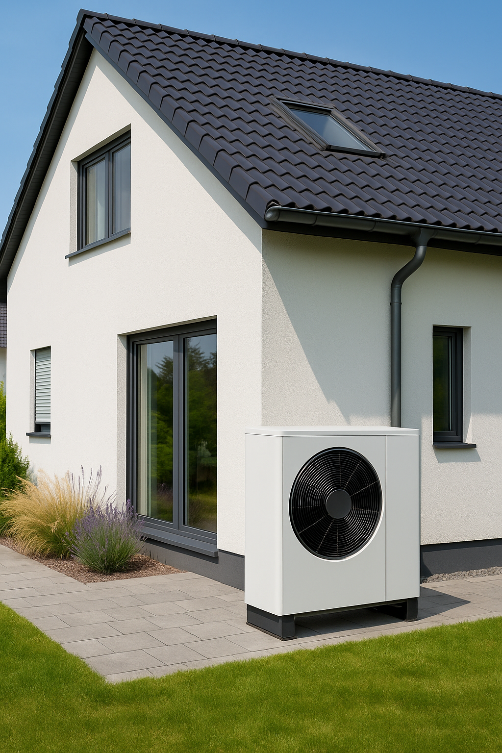 Moderne Wärmepumpen-Außeneinheit an einem Einfamilienhaus bei Abendlicht